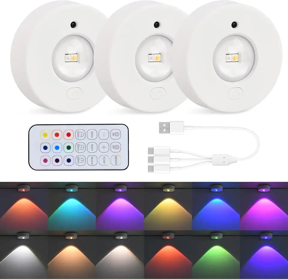 3 Stück Schrankbeleuchtung mit Fernbedienung, USB Aufladbar RGB Dimmbar Unterbauleuchte, Kabellos Rund Vitrinenbeleuchtung LED, LED Spot Akku, Küche Schranklicht Klebeleuchte