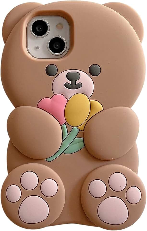 Kawaii Phone Cases Compatible with iPhone 17,Cute Cartoon Flower Teddy Bear Brown Case Women Girls 3D Soft Silicone Shockproof Cover iPhone 17