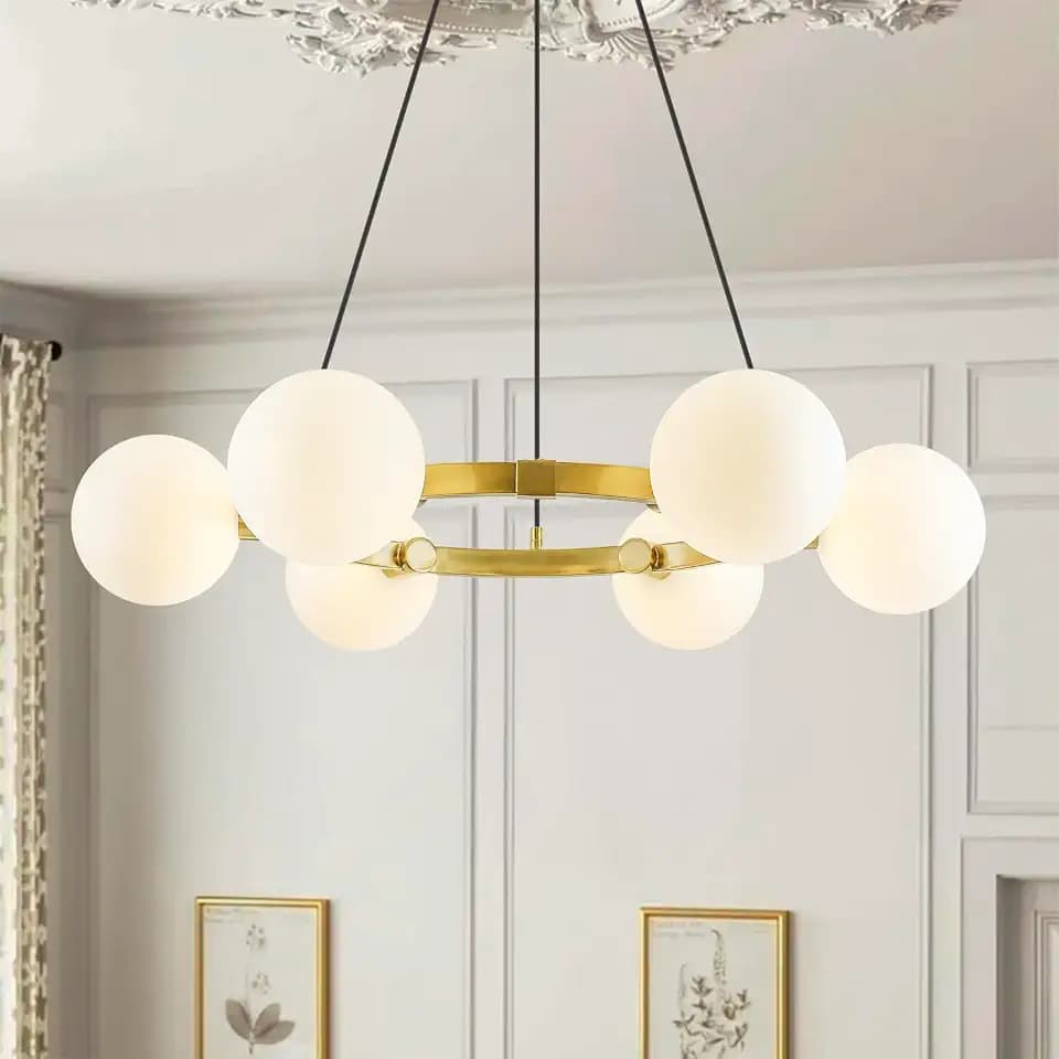 6-Light Glass Globe Sputnik Chandelier with Gold Wagon Wheel Metal Frame