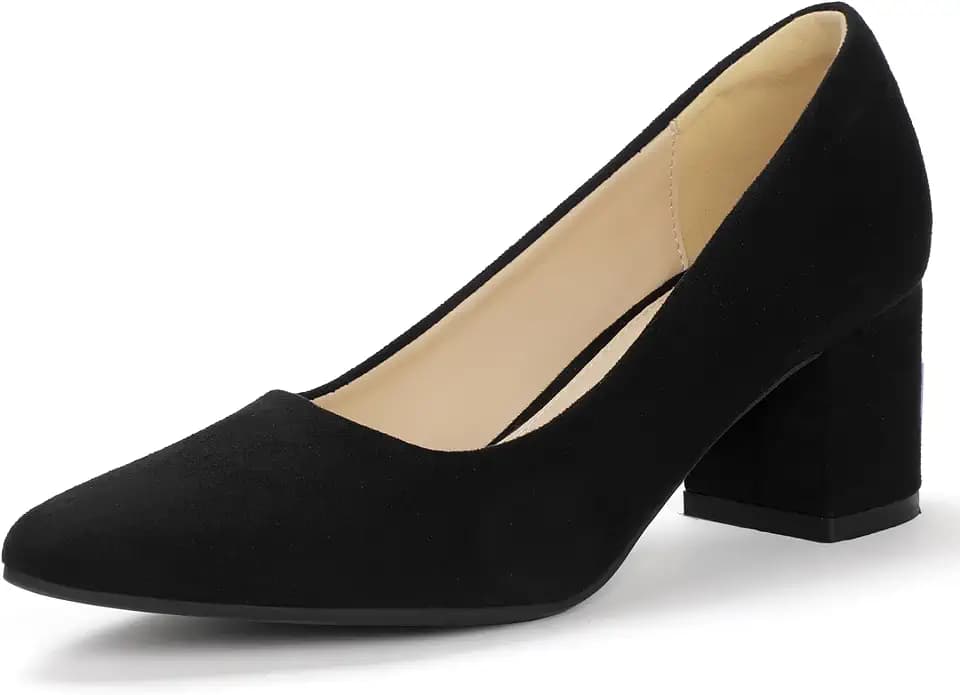 IDIFU Women's Pumps Closed Pointed Toe Low Chunky Block Heels