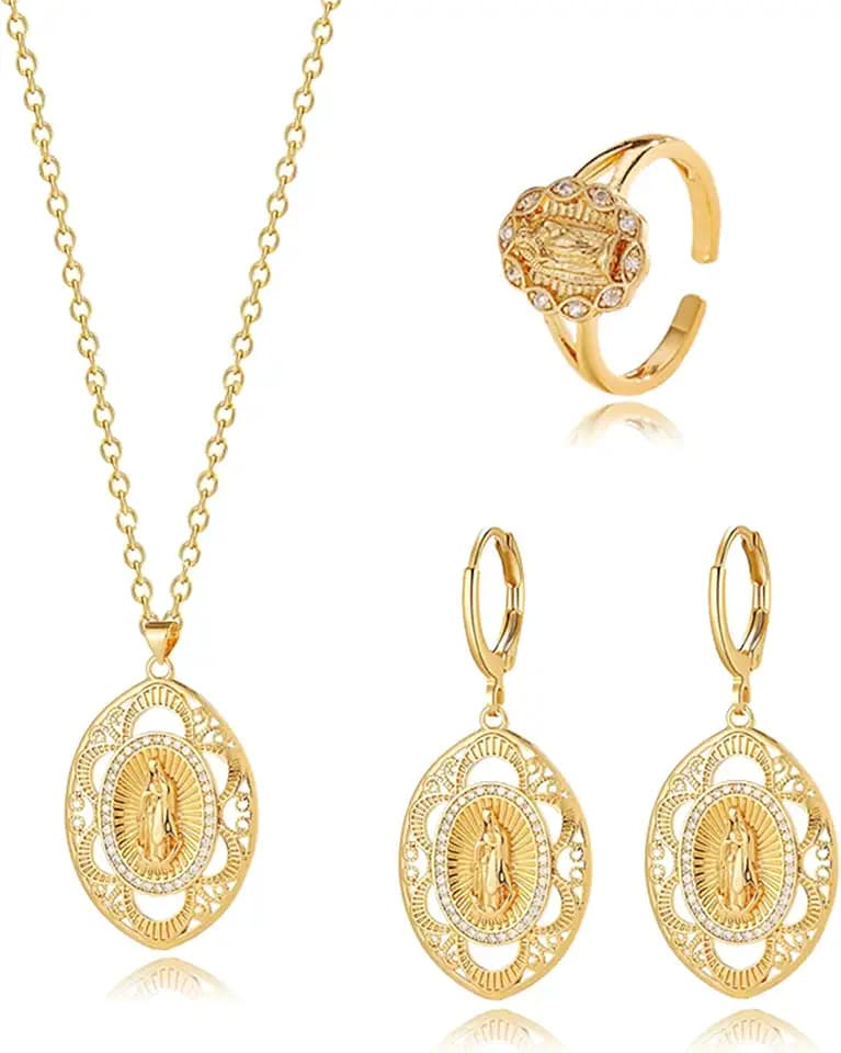 Virgin Mary Earrings Necklace Ring Set for Men Women Charm Christian Religious Medal Medallion Guadalupe Virgin Mary Pendant Necklace Hoop Earrings Our Lady Blessed Christian Catholic Gifts