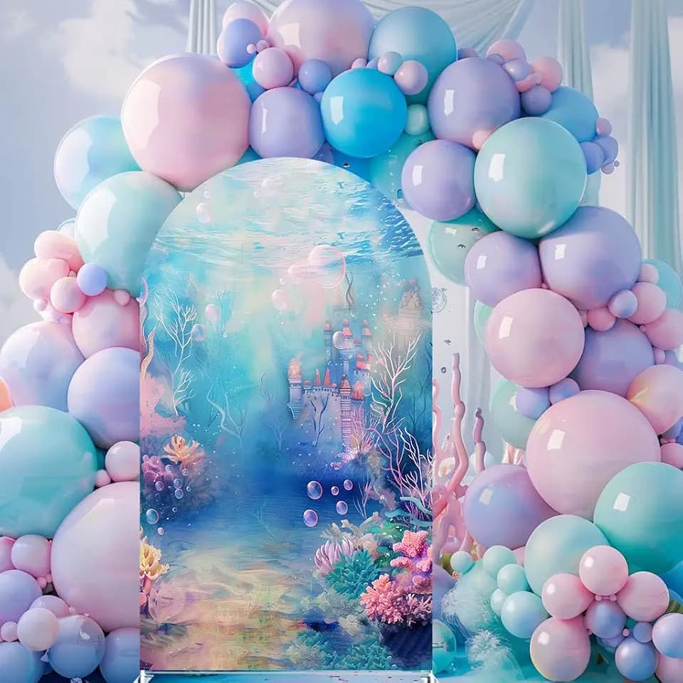Underwater Castle Arches Backdrop Cover - Stretchy Fabric Covers for Mermaid Theme Party, Ocean Birthday Decorations, and Event Photo Booth Backgrounds (6 * 2.6ft,GX-2969)