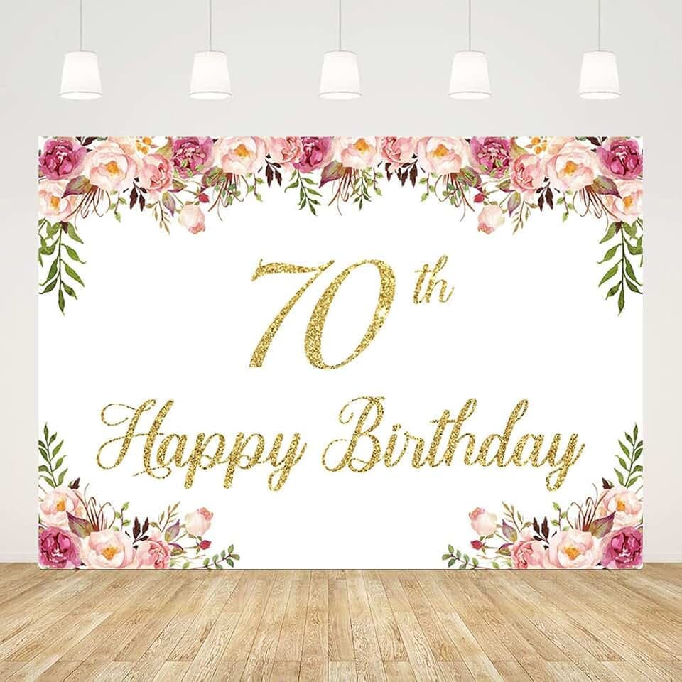 7x5ft Happy 70th Birthday Backdrop for Women Pink Flowers Photography Background 70th Birthday Decorations for Women Cake Table Banner Photo Shoot Props