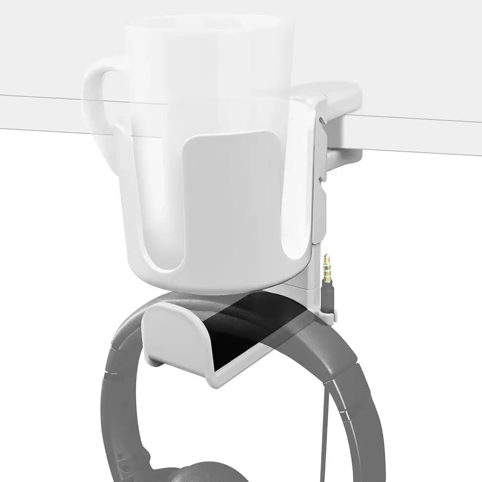 Geekria 2-in-1-Kopfhörerhalter & Schreibtisch-Becherhalter, Untertisch-Klemme, drehbar, kompatibel mit Sennheiser, Bose, Beats, Razer, HyperX, Sony, für Kaffeetassen, Wassergläser (Weiß)