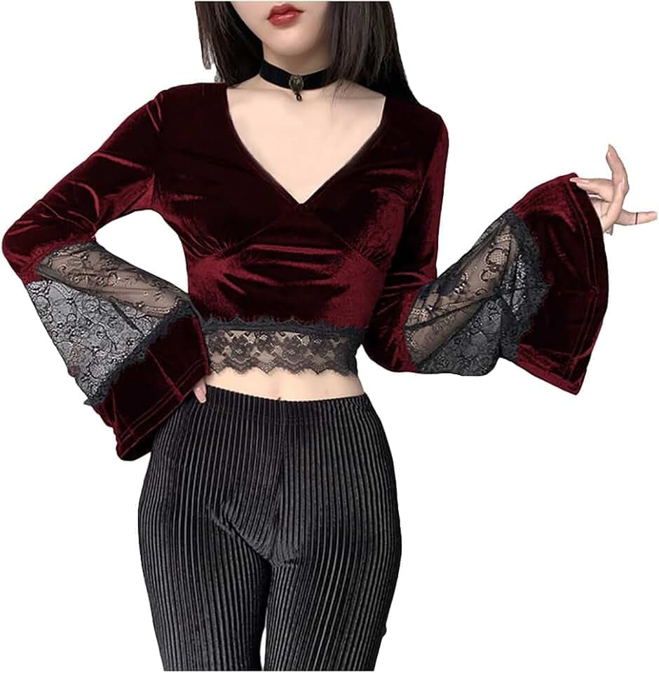 TSMNZMU Womens Gothic Velvet Crop Tops - V Neck Lace Patchwork Long Sleeve Shirt - Witch & Dark Goth Style