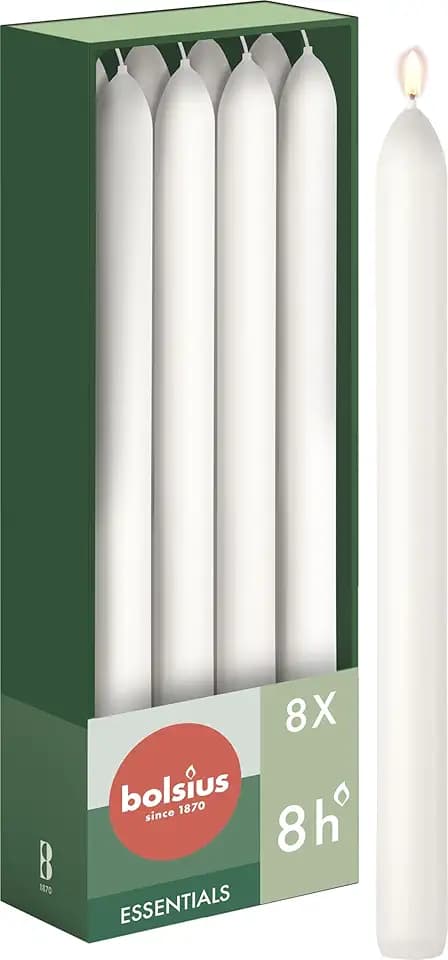 Bolsius Glatte Stabkerzen - Weiß - 8 Stück im Karton - 23 x 2 cm - Länge Brenndauer 8 Stunden - Unparfümierte - Enthält Natürliches Pflanzenwachs - Ohne Palmöl
