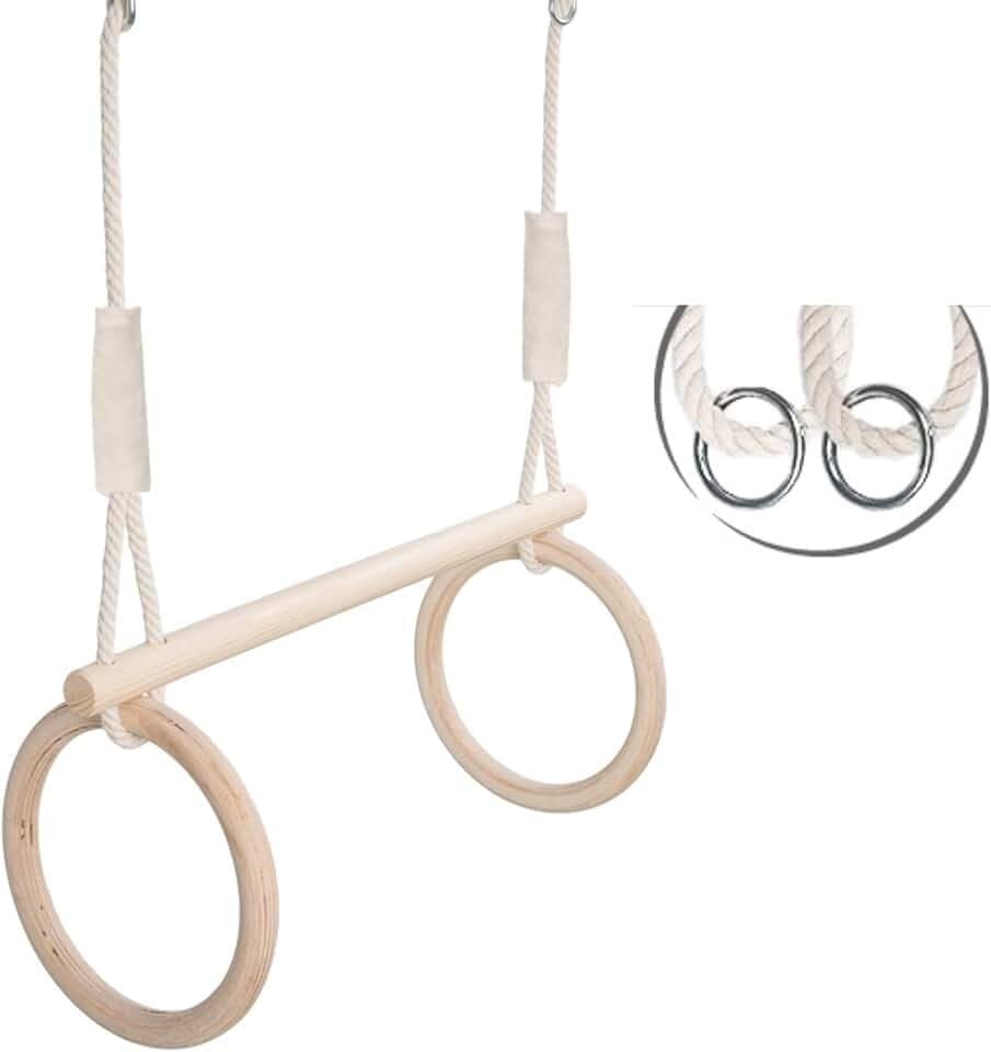 MAMOI® Trapez schaukel, Turnringe aus Holz, Turngeräte Indoor und Outdoor, Ringe schaukel, Turnen mit Holzschaukel, Gymnastikringe und Trapezstange