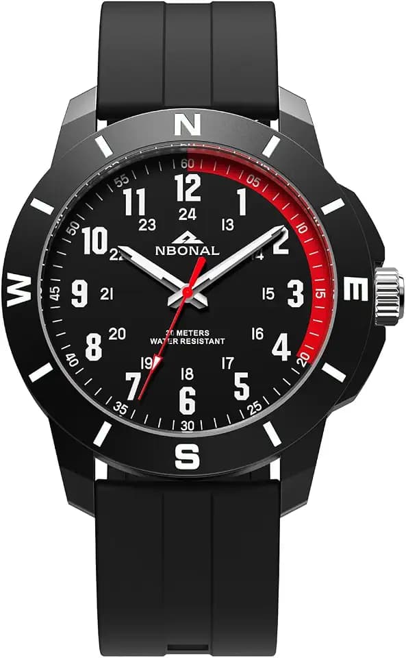NBONAL Sport Field Watch for Men Black Tactical Watch 30-50M Waterproof 24 Hour Military Luminous Dial Casual Quartz Wristwatch