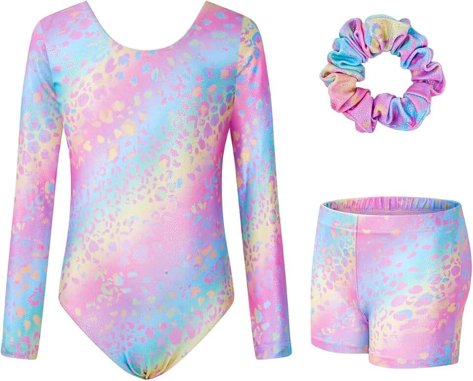 Gymnastikanzug für Mädchen mit kurzen langen Ärmeln, glitzernd, Ballett, Tanz, Einteiler, Gymnastik, athletisches Outfit, 3-teilig, für Kinder von 3–12 Jahren, Buntes Leoparden-Set, 8-9 Years