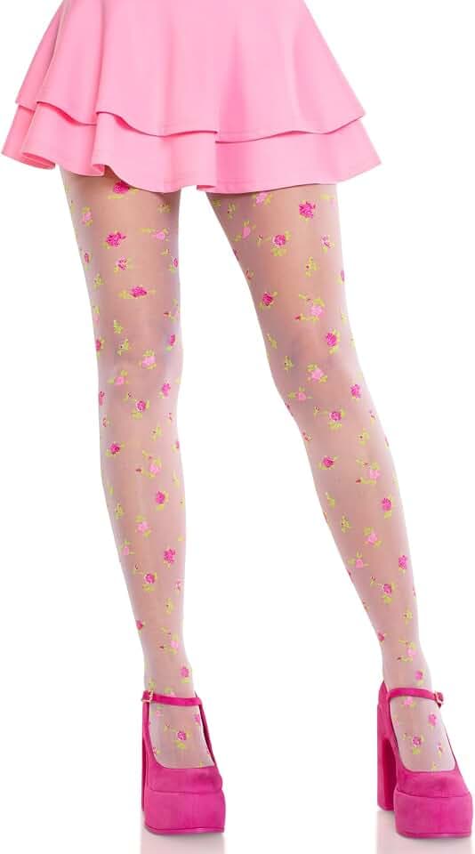 Leg Avenue Women’s Tights Rosette Jacquard Cutecore Sheer White and Pink Tights for Women with Designs, Multicolor, One Size