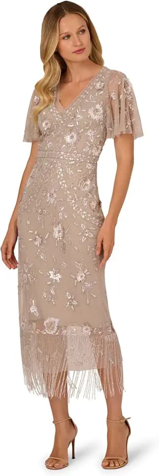 Adrianna Papell Flutter Sleeve Bead Dress