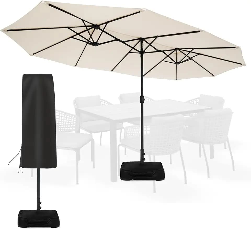 Sundale Outdoor Olefin 5-Year-Non-Fading 15 ft Patio Umbrella with Sand Bag Base and Cover, Large Outdoor Double-Sided Umbrella