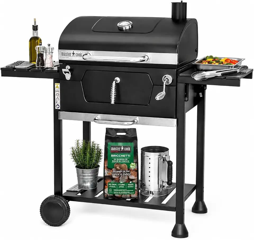 MasterCook Stahlkohlegrill mit starken und stabilen Rädern mit Doppelgrill, Thermometer und Grillkorbverstellung, Holzkohlegrill mit seitlichen Ablagen