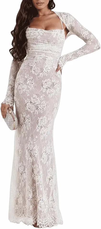 Women Cami Lace Maxi Dress Romantic Long Sleeve Lace Bodycon Dresses Elegant