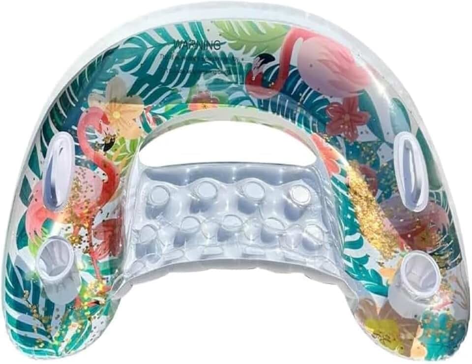Aufblasbarer Flamingo Poolsessel für Erwachsene mit Getränkehalter, Rückenlehne und Griff, Schwimmring für Pool & Strand, UV-beständiges PVC