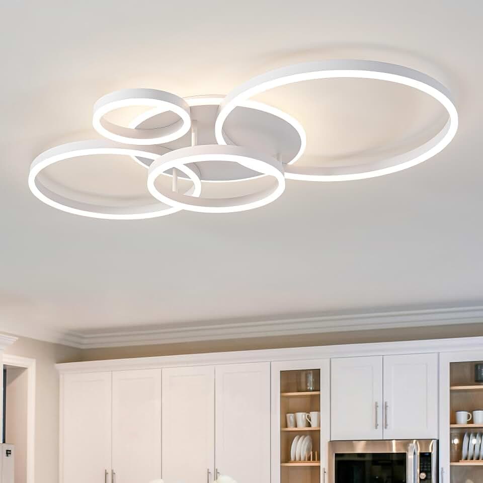 O'NEELDY Modern Light Fixtures Ceiling Flush Mount Modern Led Ceiling Lights 5-Light Dimmable Led Chandelier White Lamp with Remote for Bedroom Living Room Kitchen Dining Room, 100W