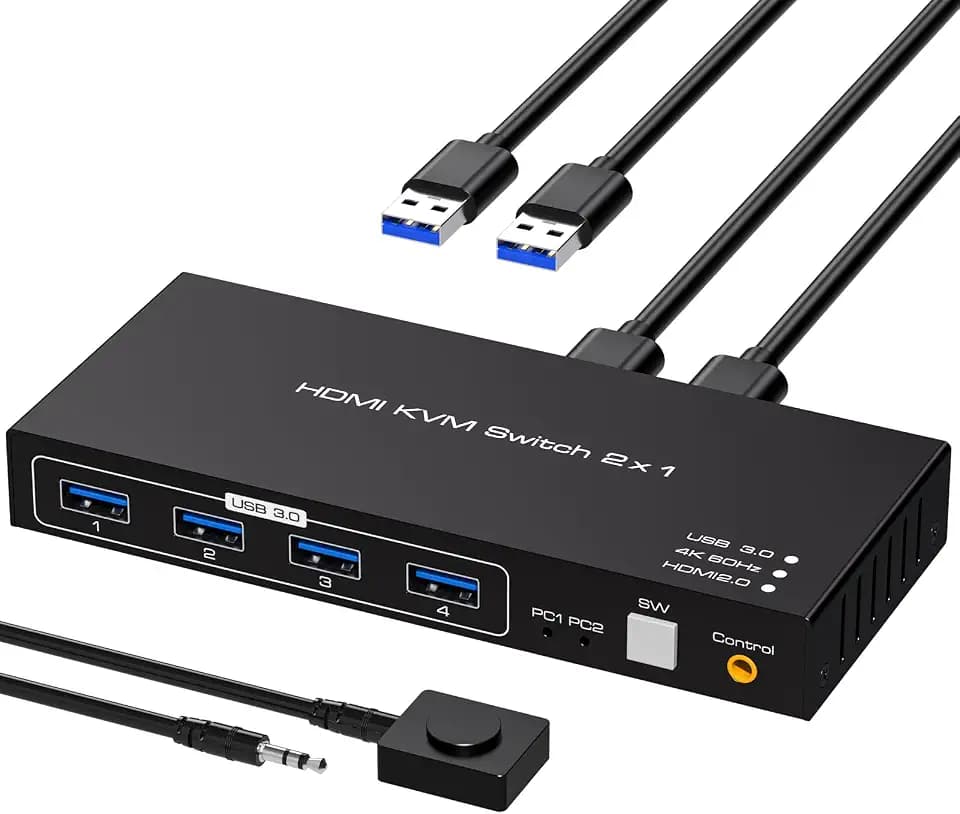 4K HDMI KVM Switch 2 Computers 1 Monitor 4K 60Hz 2 Port KVM Switches for Two PC Share One Monitor 4 USB 3.0 Decice Such as Keyboard Mouse Printer with Desktop Wired Controller and USB Cables