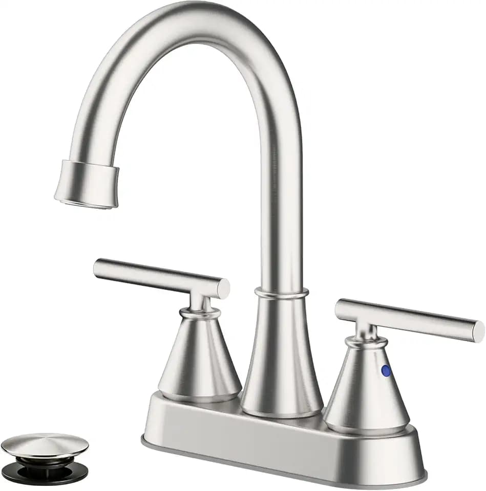 Bathroom Sink Faucet 4 Inch 2 Handle Centerset Brushed Gold Lead-Free Modern Bathroom Faucet Vanity Faucet with Pop-up Drain Stopper and Supply Hoses