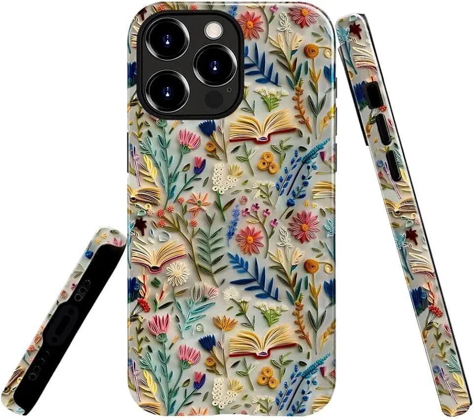 Case Compatible with iPhone 14 Pro Max,Fall Prevention Glossy Hybrid 2-Layer Hard Shell Cases for Girls Boys,Bookish Flower