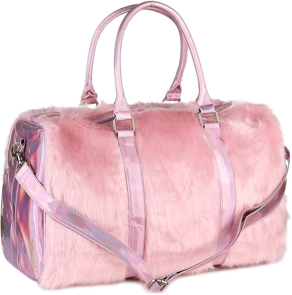 Risup Extra Large Laser Handbag Purse Fancy Duffel Bag 19in Faux Fur Pink