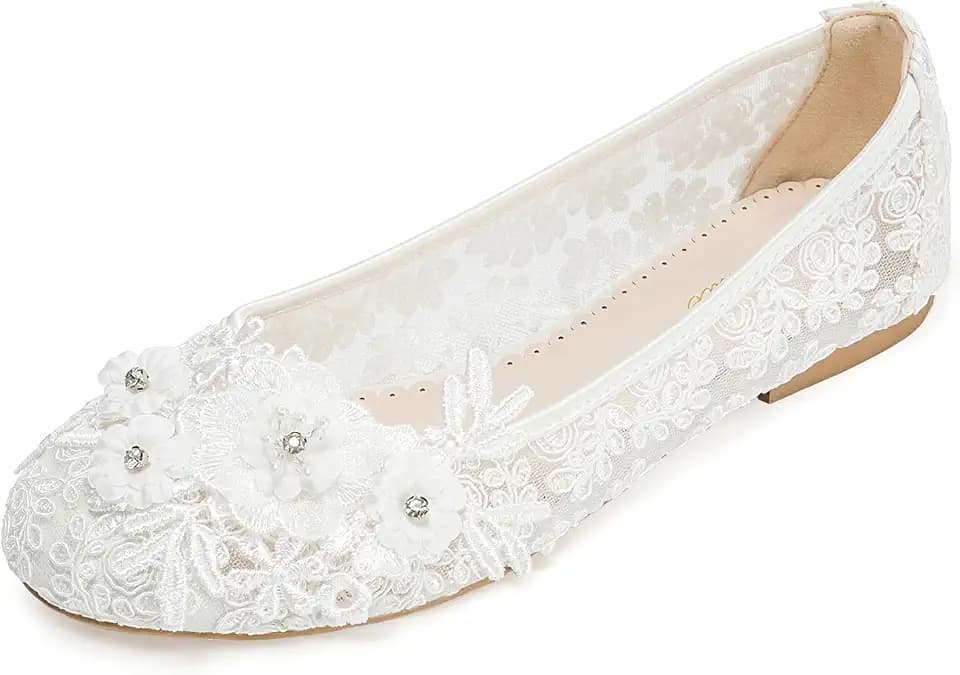 33118 Women’s Lace Floral Flat Wedding Shoes Elegant Rhinestone Flower Bridal Flats Comfortable Shoes