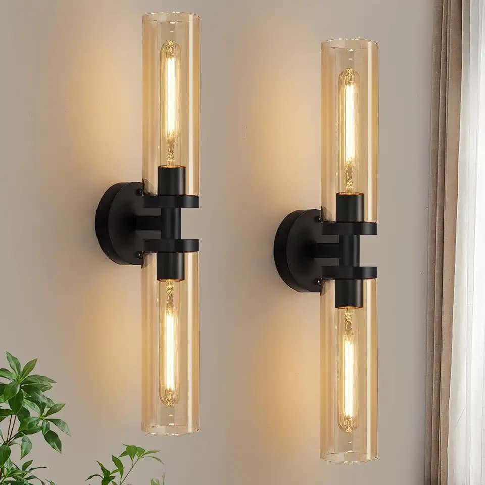Indoi Wall Sconces Set of Two, Hardwired Matte Black Bathroom Sconces Wall Lights with Amber Glass, Modern Sconces Wall Decor Set of 2 Vanity Light fixtures for Bathroom Mirror Bedroom