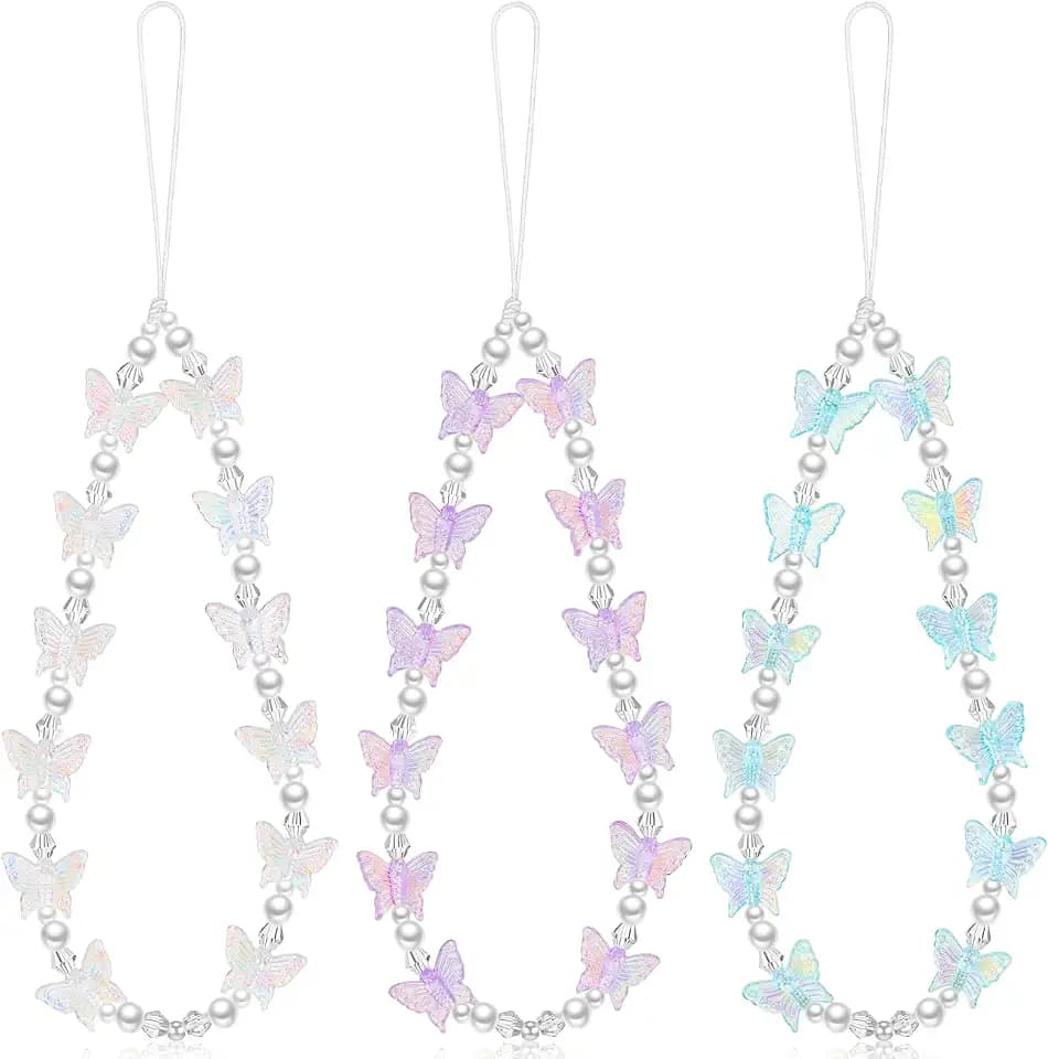 Ecally 3 Pcs Beaded Phone Charm Wrist Strap Y2K, Vivid Color, Butterfly