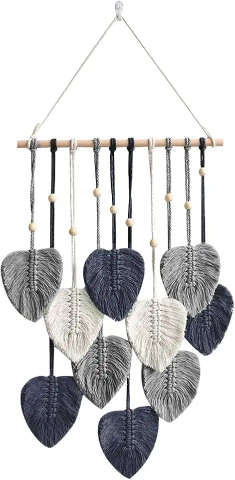 champracer Makramee Wandbehang Boho Deko Makramee Wandteppich Gewebte Wandbehang mit Holzperlen und Blätter Chic Tapisserie Fransengirlande für Schlafzimmer Wohnzimmer Kinderzimmer (Grau)