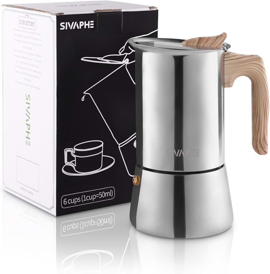 Sivaphe Espressokocher Induktion, Herd Espressomaschine, Edelstahl Espressokanne Mokkakanne Espresso Maker, Aluminiumfrei 6 Tassen 300ML