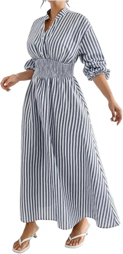 utcoco Women's Beach Boho Striped Smocked Waist Maxi Dress Long Sleeve A-Line Swing Long Dresses