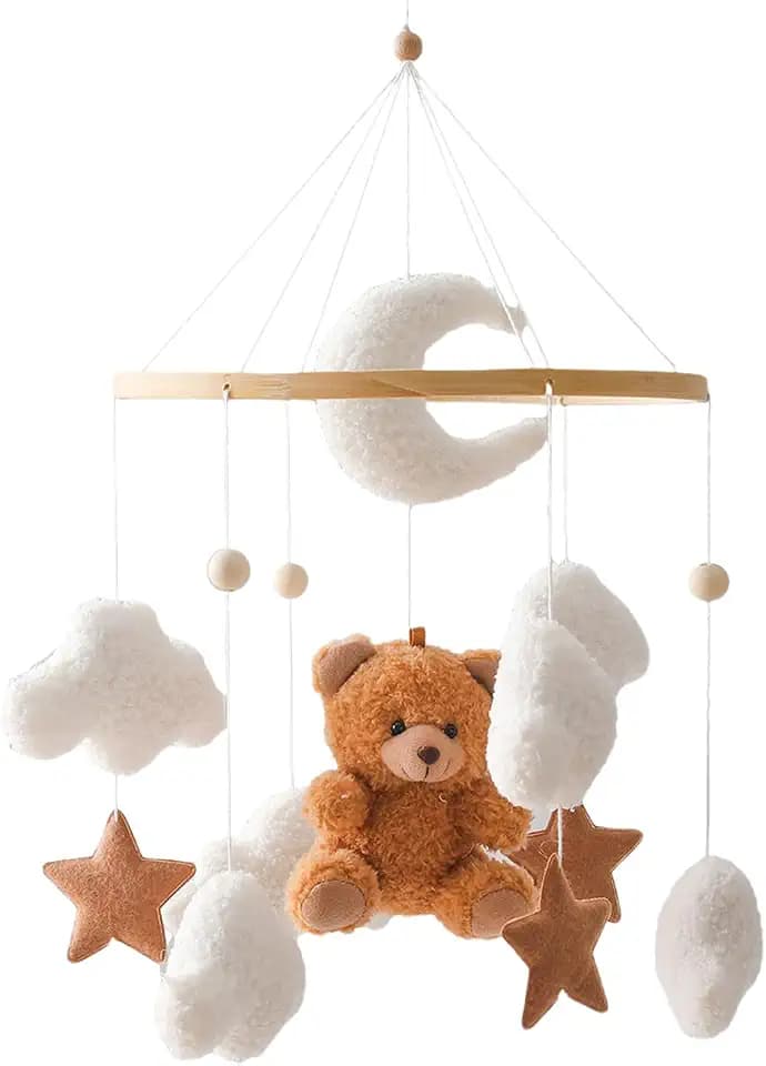 Mobile Baby Windspiele, Babybett Mobile 3D Bär Hase Kaninchen Wolken, Kinderzimmer Hängende Bettglocke, Neugeborenen Geschenk für Baby Jungen und Mädchen (Braun Bär)
