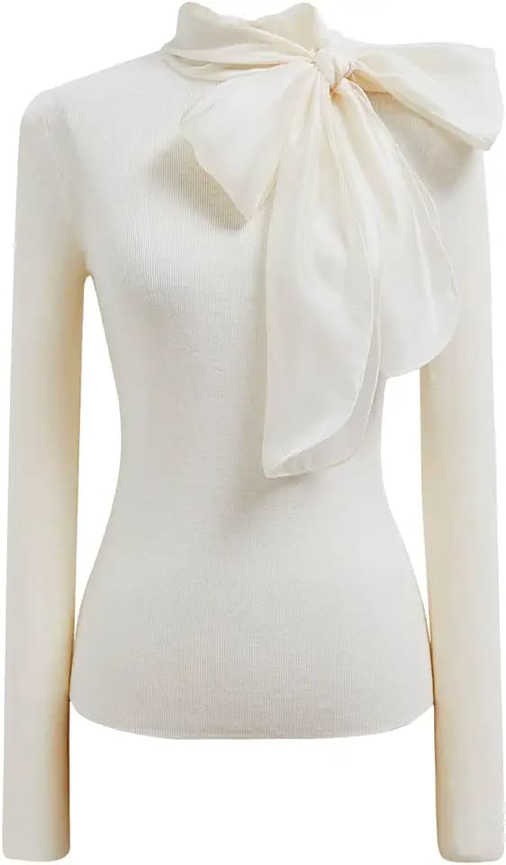 CHICWISH Women Organza Bowknot Neck Knit Top Long Sleeve Elegant Slim Fitted Fall Casual Solid Pullover Tops