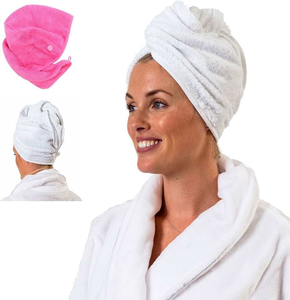 aztex Luxus Haarturban, Kopfwickel, Haartrockentuch mit Schlaufe und Knopfverschluss, saugfähige und leichte Baumwolle, mehrere Farben, 64 x 23 cm - Weiß