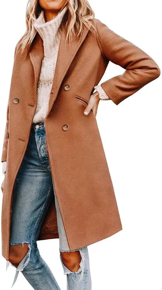 Cicy Bell Damen Mantel mit gekerbtem Reverskragen, zweireihig, Erbsenmantel, Wintermantel, Wollmischung, lange Jacken