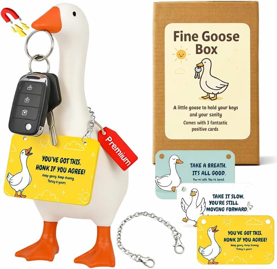 Premium 7 Inch Magnetic Desk Goose Key Holder Home Decor Unique Father's Day & House Warming Gift Table Decoration And Office Desktop Goose With Amazing 3 Positive Affirmation Cards Resin Duck Statue