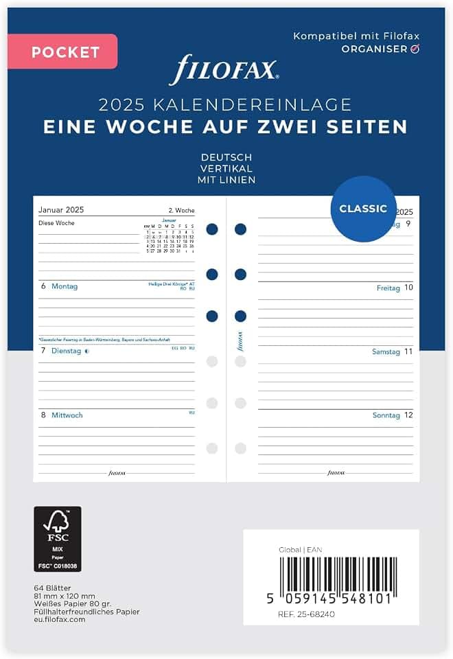 Filofax Pocket 1 Woche auf 2 Seiten vertikal (deutsch)2025