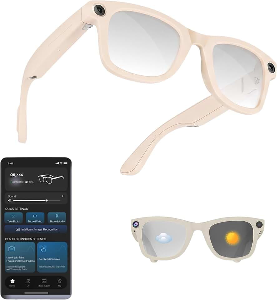 AI Smart Glasses with Camera, 4K Video Recording Sunglasses with Audio, Real-Time Translation & Object Recognition, Bluetooth Smart Eyewear withVoice Assistant (Beige)