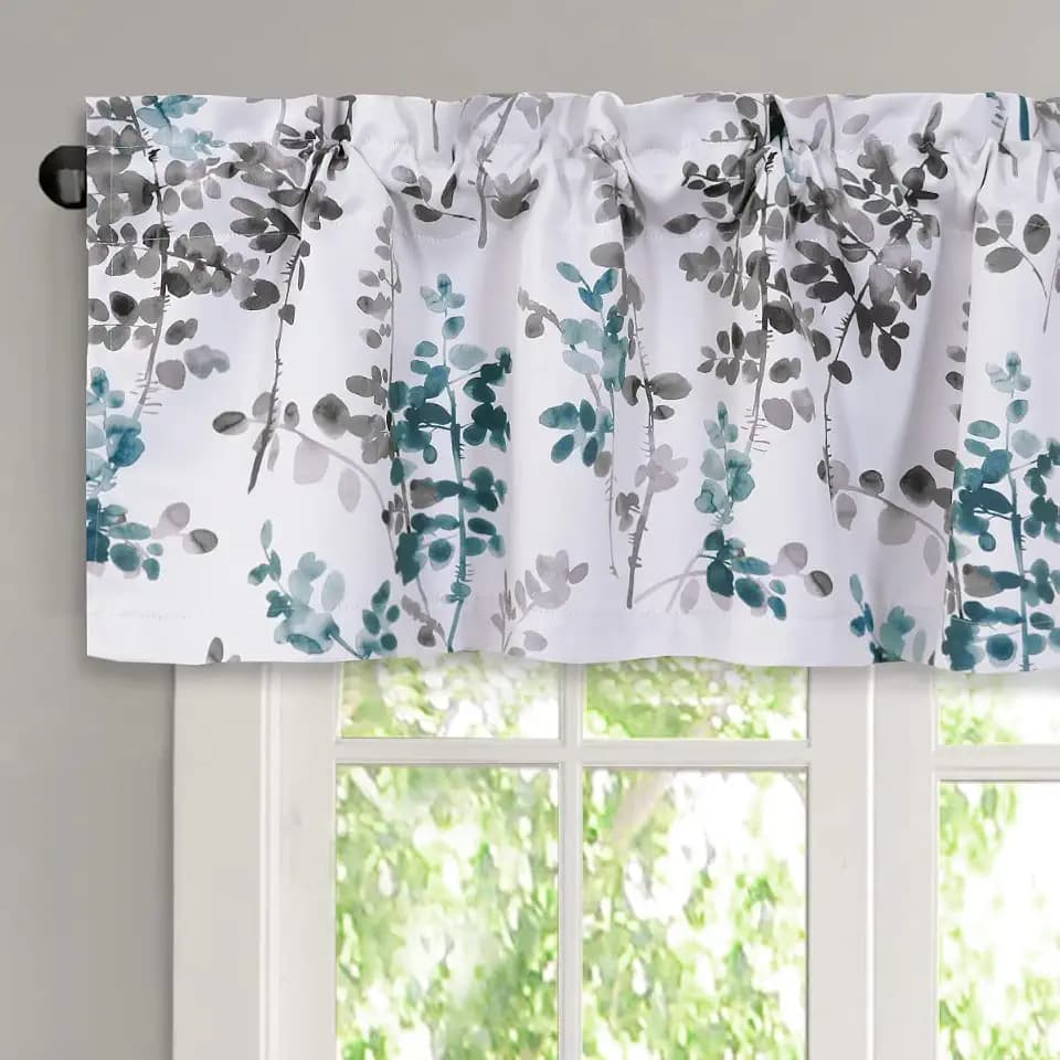H.VERSAILTEX Valance for Kitchen Windows/Bathroom/Living Room/Bedroom Blackout Window Valance Thermal Insulated Rod Pocket Valance Curtains, 52" W x 18" L, 1 Panel, Floral Pattern in Grey and Teal