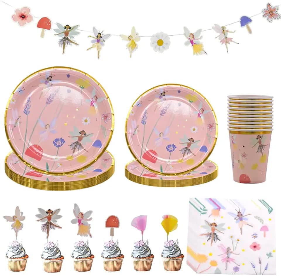 Blumenfeen Geburtstag Partygeschirr Dekoration Set,Fee Partygeschirr,57 Pcs Partyutensilien,Kindergeburtstagsparty Enthalten Servietten Teller Banner Cupcake Topper Für Kinder Geburtstag