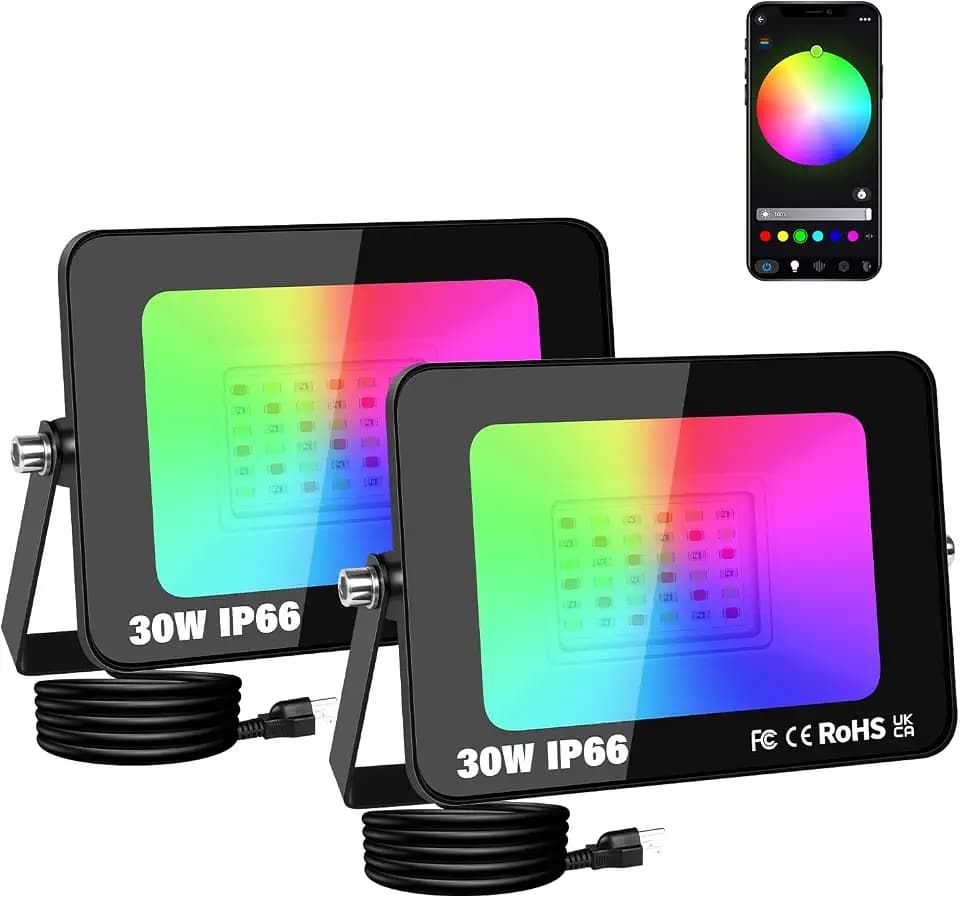30W RGB LED FloodLights,3000LM APP‑Controlled Outdoor Light,2‑Pack