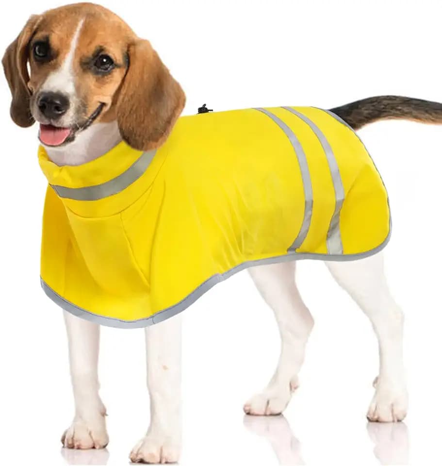 Kuoser Hunderegenmantel - Wasserdichte, verstellbare Regenjacke mit reflektierenden Trägern, Doppelreißverschluss-Geschirrloch, winddicht und Beingurten - Gelb, Größe:L
