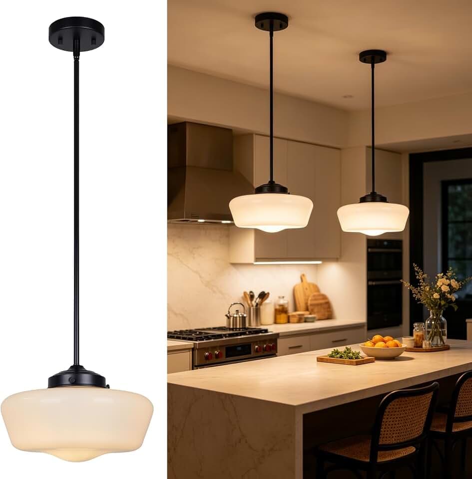 Schoolhouse Pendant Light Fixture, 12" Black Hanging Light with Opal Milk Glass Shade, Adjustable Farmhouse Globe Pendant Light for Kitchen Island, Dining Room, Hallway, Entryway, Laundry, Bedroom