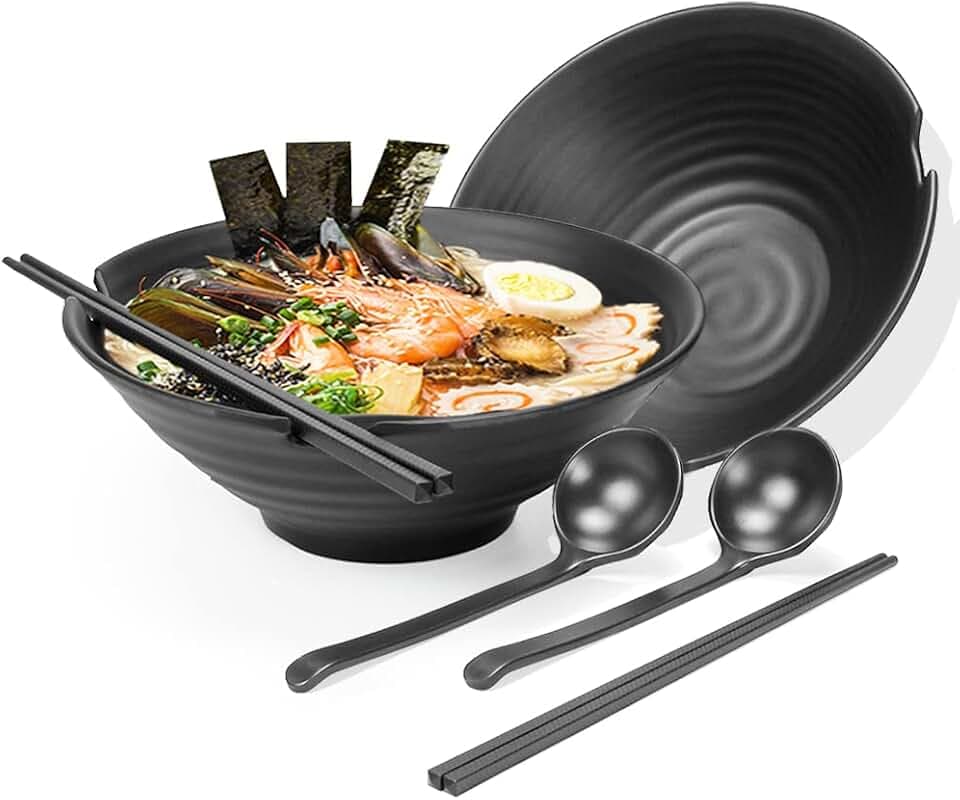 2er-Set große Nudel-Ramen-Schüssel – japanisches Picknickgeschirr aus Kunststoff für Pasta-Gerichte, Salat, Udon, Suppe, Soba-Topf, Nudeln, Schüsseln, 2 × 1100 ml Schüssel, Essstäbchen, Löffel-Set,