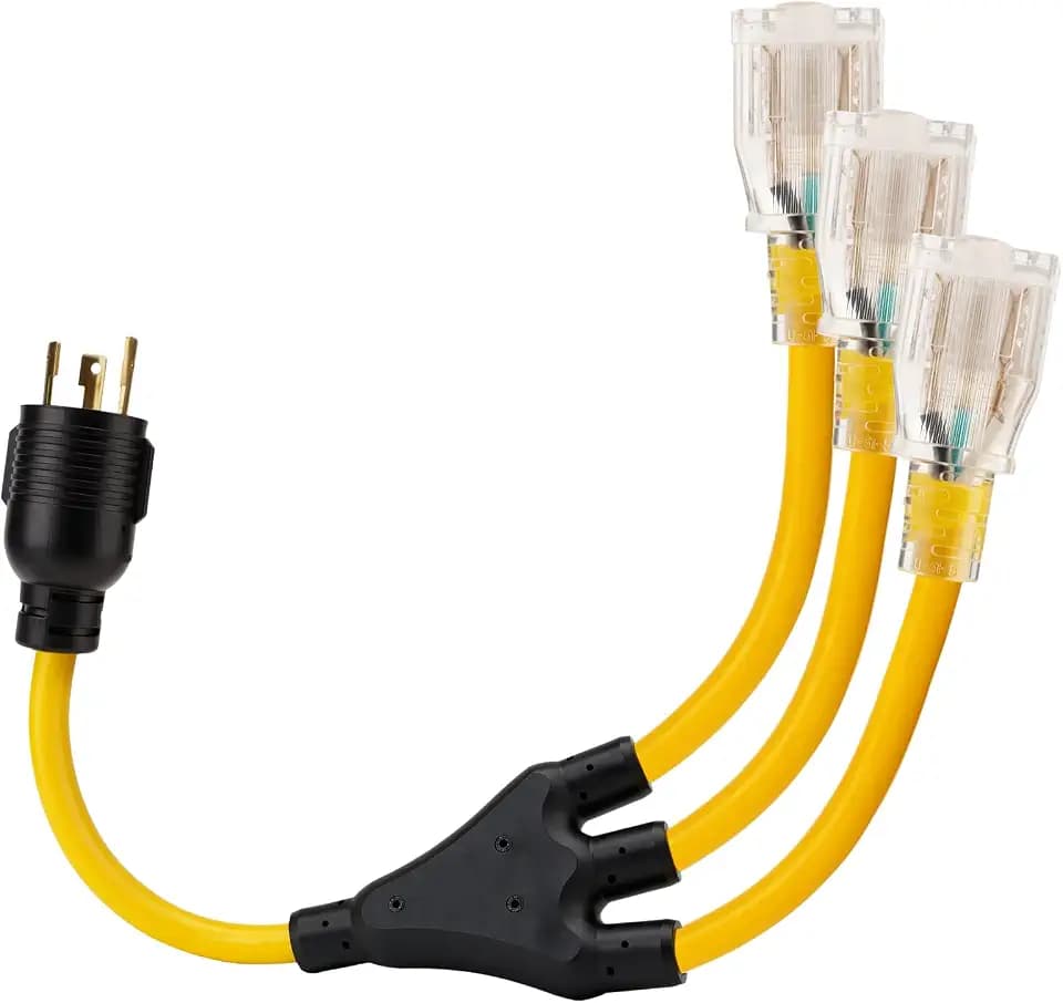 ACKING 30 Amp Generator Adapter Cord, L5-30P Male to 3X 5-20R Female Outlets, 12AWG STW 0.3M Main and Branch Cables, Model XL530P-A with XN520R-C