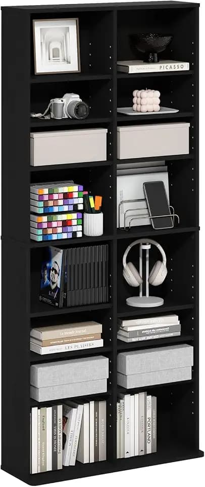 Furinno Jaya DVD Shelf, 16-Shelf Wide CD Rack, Media Shelf with Adjustable Shelves, 8 x 2 DVD Storage Cabinets for CD Bluray Game Disc, Easy Assembly, for Living Room, Home Office, Americano