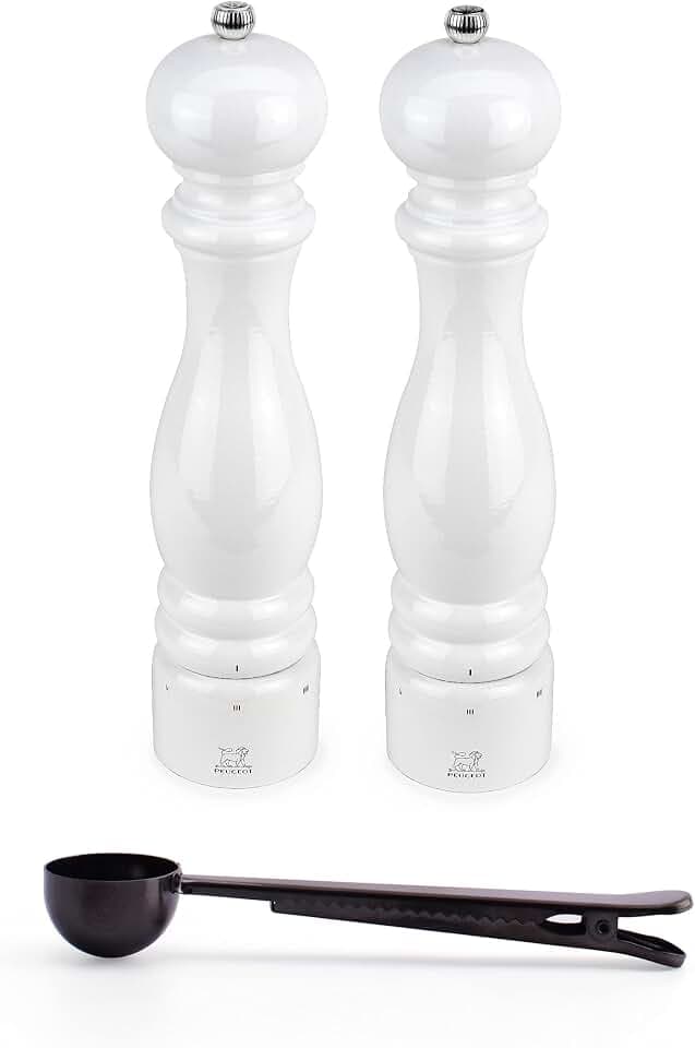 Peugeot Paris u'Select 6 Setting Manual Salt & Pepper Mill Set With Black Stainless Steel Spice Scoop Made In France (White Lacquered, 12- Inch)