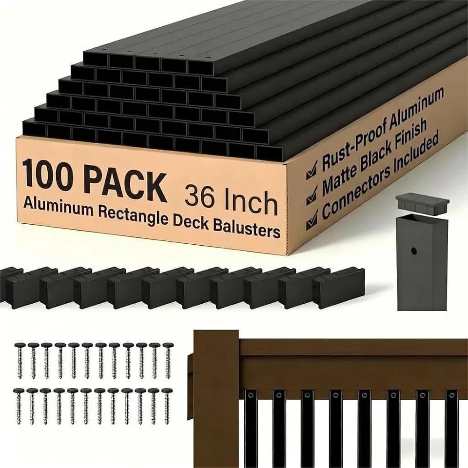 100 Pack 36" Black Aluminum Rectangle Deck Balusters with End Caps&Stainless Steel Screws-Upgraded Metal Railing Spindles Kit for Decks,Porch,Staircase,Outdoor Balustrade (Face Mount Compatible)