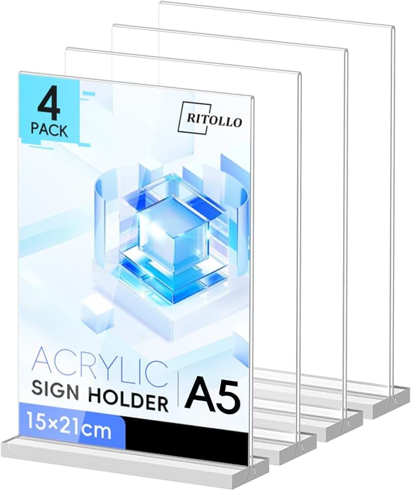 RITOLLO A5 Acryl Schildhalter 4er Pack T-Form Beidseitiger Displayständer, Transparenter Posterrahmen, Klare Menühalter für Büro Schreibtisch Geschäft Restaurant Schule Theke