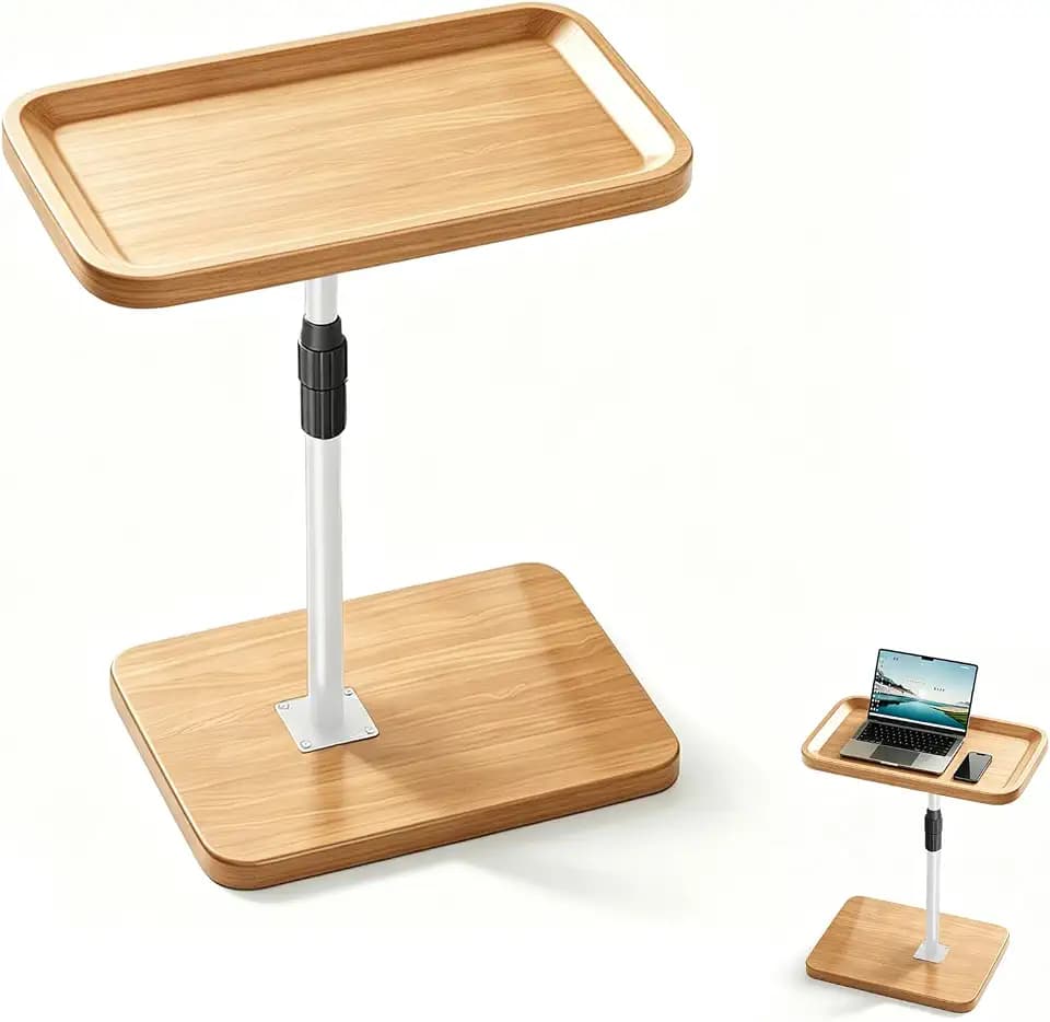 Beistelltisch Couch Höhenverstellbar (55-80cm) - C-Form, 360° Rotierend, Holzoptik, Klein für Wohnzimmer/Schlafzimmer/Büro, Couchtisch für kleine Räume, Holzfarbe