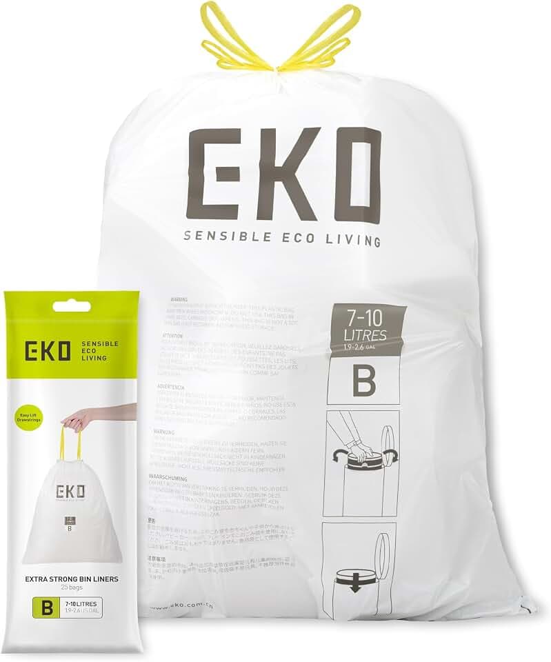 EKO Müllbeutel Größe B (7L- 10L), extra starke Müllsäcke mit Zugband für Küche und Bad, 25 Beutel, 1 Packung, weiß, reißfeste Mülltüten für sicheren Halt am Mülleimer